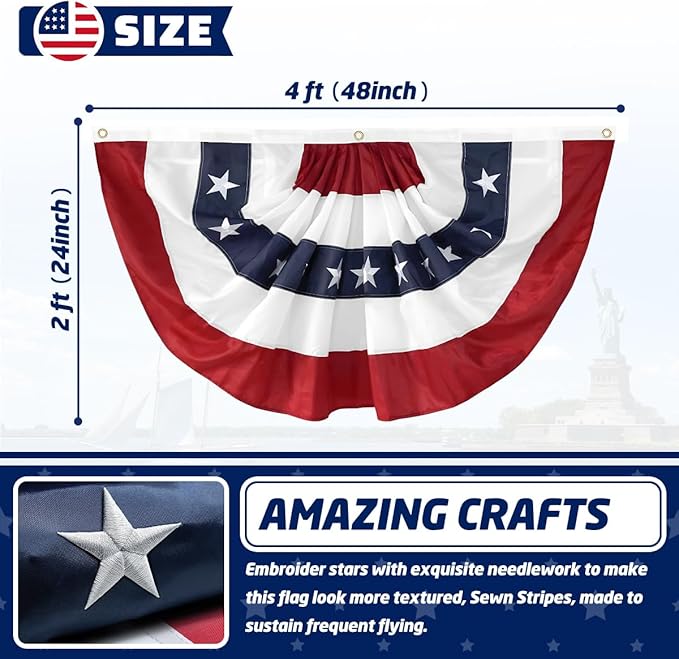 2Pack American Pleated Fan Bunting Flag 2x4 Ft USA Bunting Banner Decorate Patriotic‘s Day 250Years Anniversary Embroidered Stars with Canvas Header Brass Grommets 4th of July Outdoor Decor