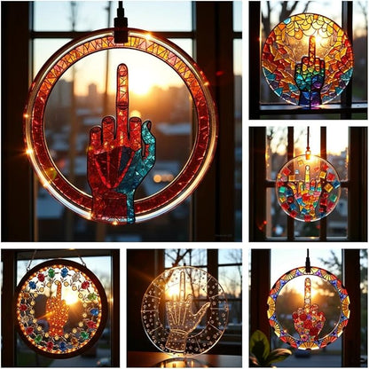 Middle Finger Suncatcher Color Stained Glass Window Hanging, Handmade Acrylic Funny Light Sun Catcher Indoor Outdoor Wall Hanger Ornament, Hand-Painted Glass Panel Decor for Home Office (C)
