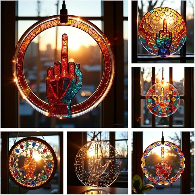 Middle Finger Suncatcher Color Stained Glass Window Hanging, Handmade Acrylic Funny Light Sun Catcher Indoor Outdoor Wall Hanger Ornament, Hand-Painted Glass Panel Decor for Home Office (B)