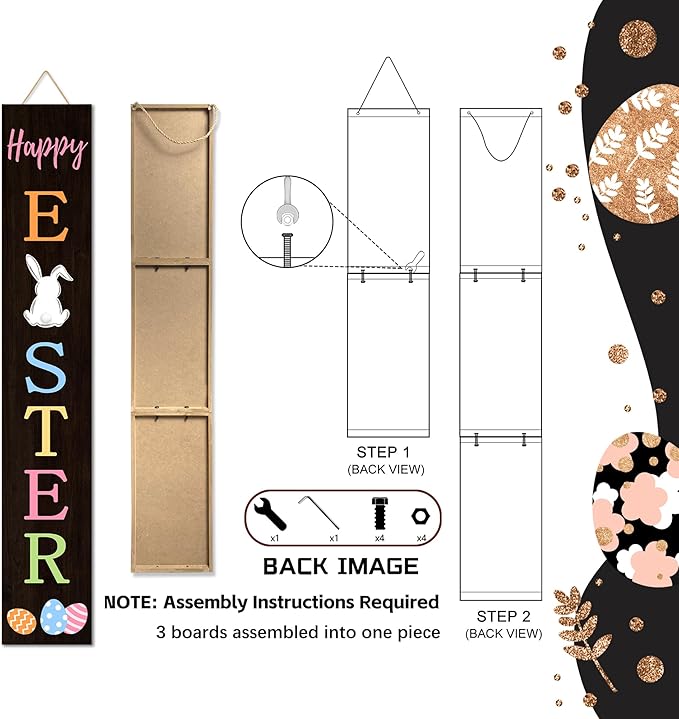 Easter Porch Sign Bunny Rabbit Welcome Sign Vertical Standing Sign For Front Porch Decor Farmhouse Wall Hanging for Patio Yard Party Indoor Outdoor Holiday Decoration 47.2"H Black