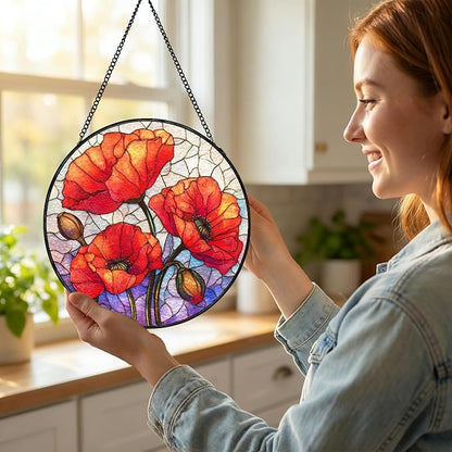 Stained Glass Sun Catcher Window Hanging - Red Poppy Floral Design, Indoor Decor Gifts for Mother's Day, Birthday, Christmas - Perfect for Women, Men, Mom Home Window Decor (Red) 7.8in