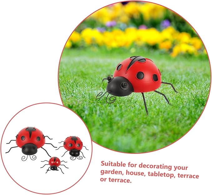 LIOOBO 3pcs Ladybug Garden Statues Iron Ladybug Ornaments for Outdoor Decor Garden Sculptures Statues