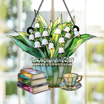Jesuspirit - Window Hanging Suncatcher – Crystal Clear Acrylic & Wood Sun Catcher for Home Decor, for Women (Just A Girl Who Loves Lilies and Books, 6 Inches)