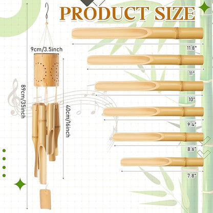 Bamboo Wind Chimes with Solar Accent Light, Outdoor Wooden Wind Chimes 6 Bamboo Tubes, Deep Tone, Hanging Solar Windchimes for Patio Garden Yard Porch Balcony Decor, 35 x 3.5 Inches