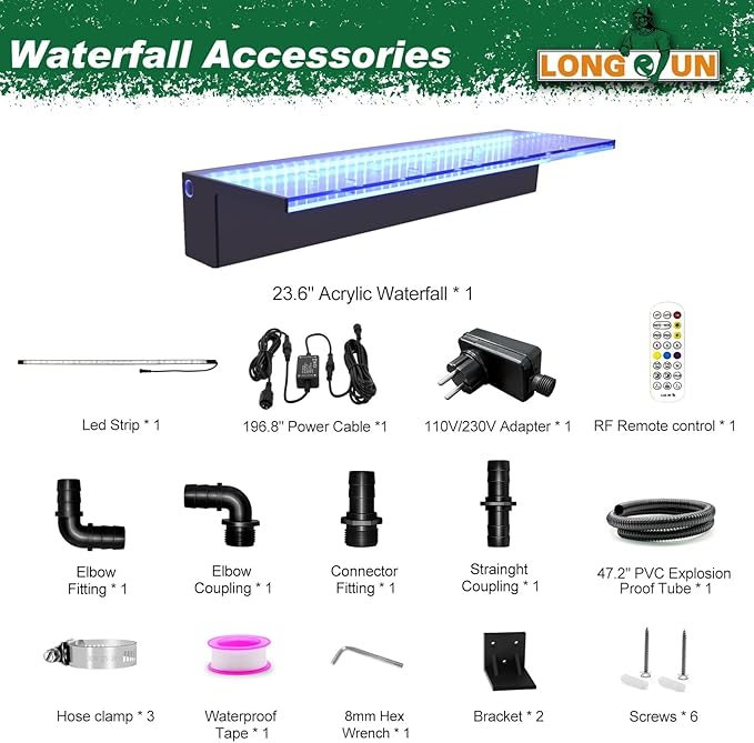 LONGRUN 60cm Pond Waterfall Blade,Acrylic Pool Fountain with RGB Bluetooth LED Light, Complete Waterfall & Stream Kits for Outdoor Water Features