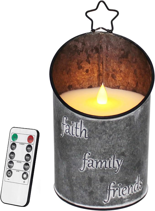 CVHOMEDECO. Vintage Galvanized Can Flameless LED Candle, Real Wax in Antique Galvanized Jar FFF Flickering Candle with Remote Control for Tabletop Wall Decor. H 8 Inch, Gray