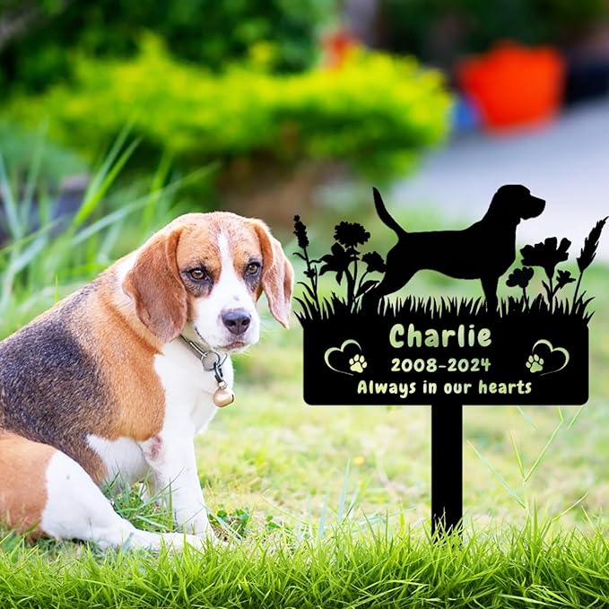 Custom Beagle Dog Memorial Grave Marker,Personalized Pet Dog Memorial Garden Stake,Flora Dog Memorial Plaque Burial Stake Engraved Sign,Dog Sympathy Grave Stake,Dog Statue Headstone