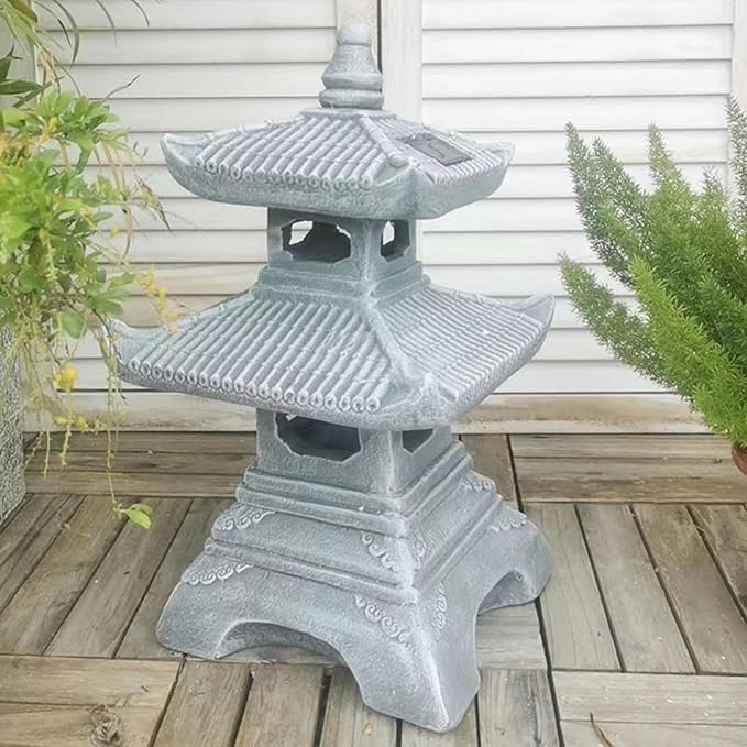 Buokai Solar Outdoor Garden Statue with 2 Tier Pagoda Lantern, Zen Japanese Style for Lawn Decoration and Christmas Ornament