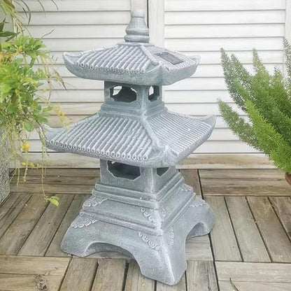 Buokai Solar Outdoor Garden Statue with 2 Tier Pagoda Lantern, Zen Japanese Style for Lawn Decoration and Christmas Ornament