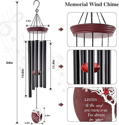 Cardinal Memorial Wind Chimes for Loss of Loved One, 33.5" Red Cardinal Sympathy Wind Chimes Outdoor Deep Tone, Tree of Life Remembrance Gift for Loss of Mom Dad, Funeral Gift
