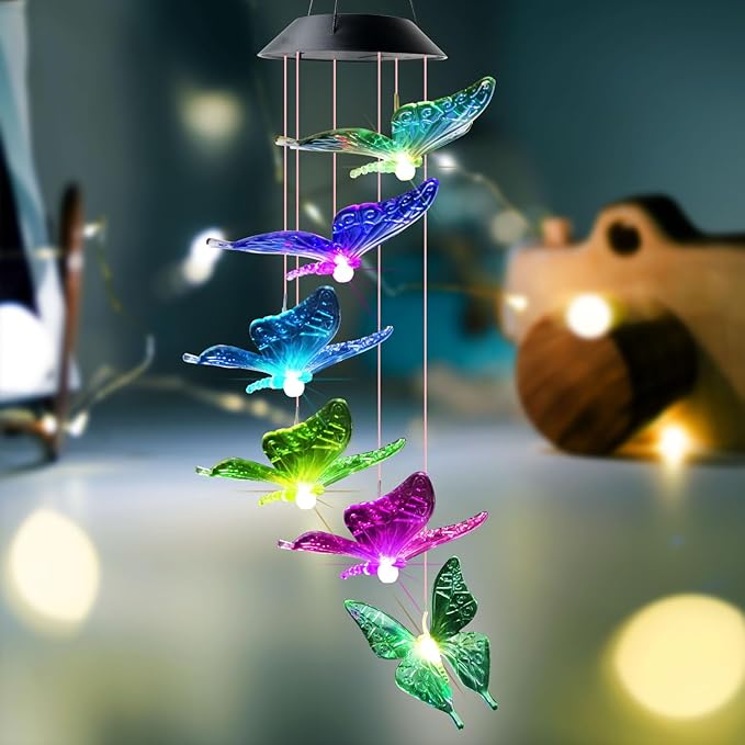 DOUBLEZHE Solar Butterfly Wind Chimes for Outside, Valentines Day Gifts for Her, Birthday Gifts for Women Mom Grandma, for Girlfriend Wife Sister, Solar Lights Garden Outdoor Patio Yard Decor