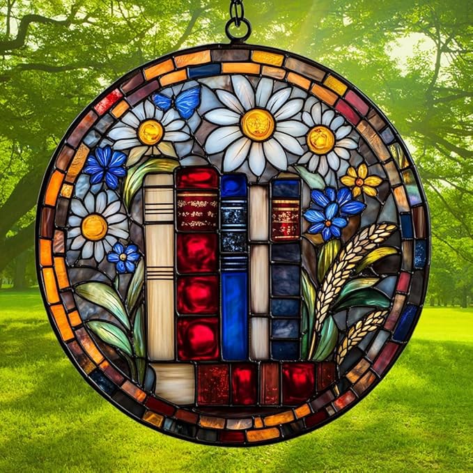 Floral Stack of Bookks Acrylic Suncatcher Stained Glass Effect Window Car Hanging Christmas Ornament Indoor Outdoor Decor Garden Sun Catcher Panel for Book Lover for Women Mom Grandma