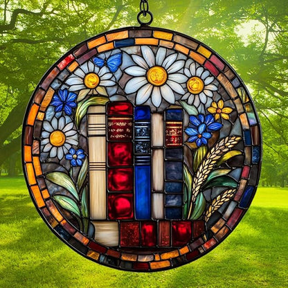 Floral Stack of Bookks Acrylic Suncatcher Stained Glass Effect Window Car Hanging Christmas Ornament Indoor Outdoor Decor Garden Sun Catcher Panel for Book Lover for Women Mom Grandma