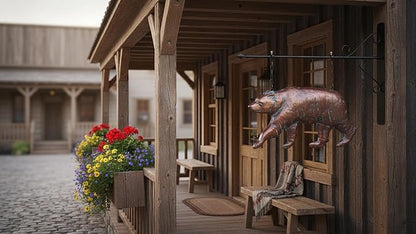 Bear Statue Outdoor Haning Decor for Yard and Garden,27“L x 22”H Vintage Grizzly Garden Statues and Sculptures with Arrow & Bracket,Antique Copper Walking Bear Metal Yard Art for Outside Porch