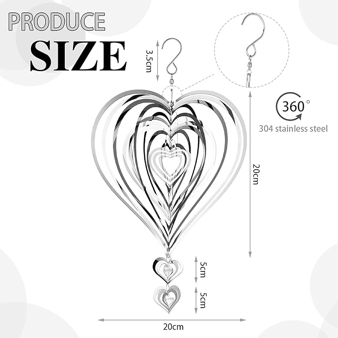 Wind Spinners Outdoor 3D Stainless Steel for Outside Christmas Heart Chimes Hanging Spinners Reflective Wind Chimes for Yard Garden Balcony Outdoor Decor(Silver)