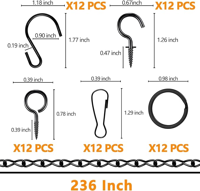 Metal Hanging Chain, 236 Inch Black Chains for Plants, 12×S Hooks, 12×Buckles, 12×Rings, 24×Screw Hooks for Bird Feeder, Planter, Wind Chimes (Black)