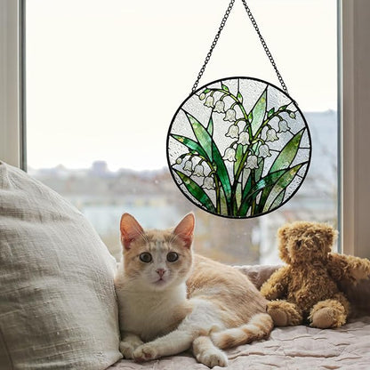 Lily of The Valley Flower Stained Glass Window Hanging, Spring Floral Botanical Suncatcher Indoor Window Glass Round Wall Art Decor, 7.9x7.9 Inch