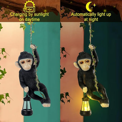 Rossesay Solar Light Outdoor Monkey Statues Black 13.78 Inch Resin Chimpanzee Baby Monkey Climbing on Vine with LED Lantern Waterproof Hanging Figurine with Hook for Yard Garden Wall