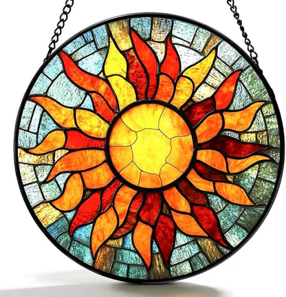 Funoasis Stained Glass Window Hanging 6.3 Inches Suncatcher - Sun and Sun Flames Ornaments Sun Catcher Home Decor Women Birthday