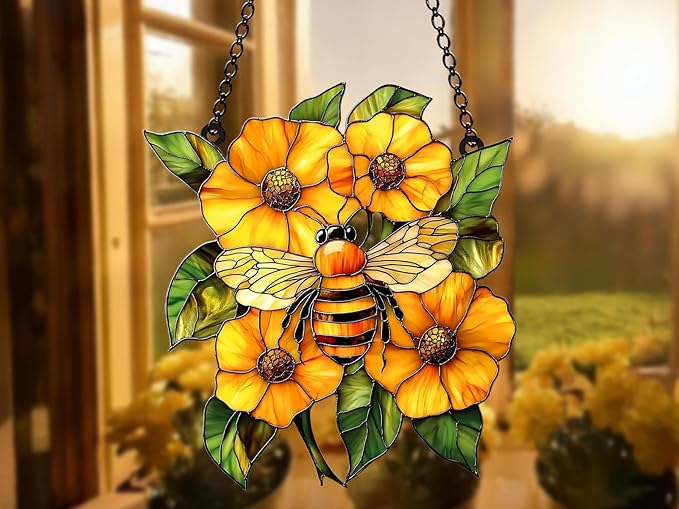 Bee Sunflower Acrylic Window Hanging Stained Wall Decoration Lover Gift for Mom Grandma Or Special Occasions Suncatchers Indoor Window Suncatchers Windows
