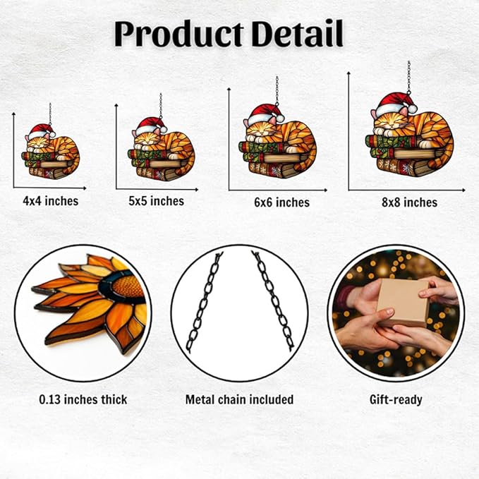 Cute Sleeping Cat Santa Claus Hat Acrylic Suncatcher Stained Glass Effect Window Car Hanging Christmas Ornament Indoor Outdoor Decor Garden Sun Catcher Panel Gifts for Cat Lover for Women Mom Grandma