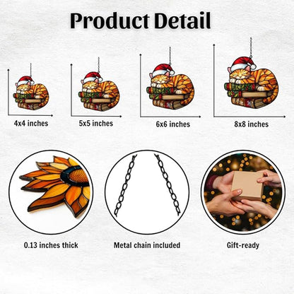 Cute Sleeping Cat Santa Claus Hat Acrylic Suncatcher Stained Glass Effect Window Car Hanging Christmas Ornament Indoor Outdoor Decor Garden Sun Catcher Panel Gifts for Cat Lover for Women Mom Grandma