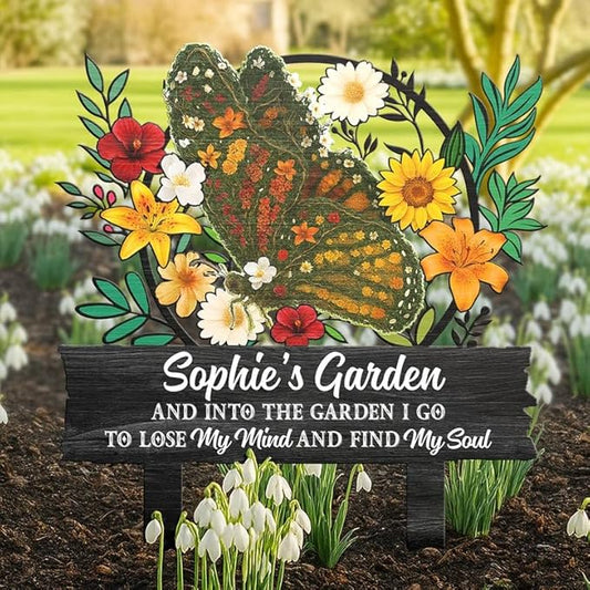 Personalized Metal Garden Stake Gift for Family - and Into The Garden I Go to Lose My Mind