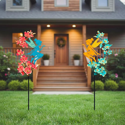 2 Pack Colorful Metal Fairy Garden Stakes - Fairy Sitting on Blooming Flower Outdoor Yard Decorations, Rustproof Garden Ornaments for Lawn, Patio & Flower Beds(Fairys1)
