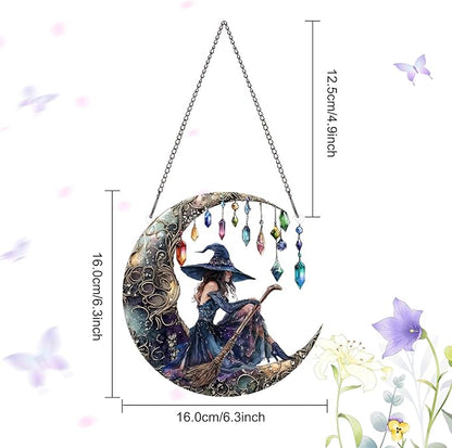 PLIGREAT Moon Witchs Acrylic Suncatcher Window Wall Art Hanging Ornament Painted Colorful Art Crafts Suncatcher for Garden Home Indoor Outdoor Hanging Decor Women Gift