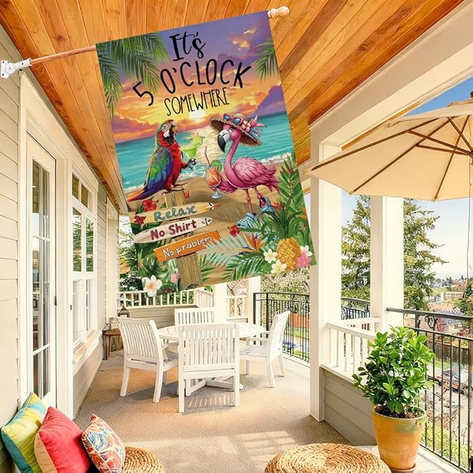 Baccessor Summer House Flag 28 x 40 Inch, Flamingo Its 5 O'Clock SOMEWHERE Double Sided Burlap Welcome Large Yard Flag Seasonal Holiday Lawn Proch Outdoor Outside Decor