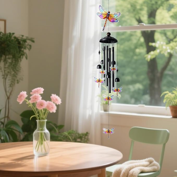 Dragonfly Wind Chimes for Outside, Black Metal Acrylic Windchimes Outdoors, Dragonflies Gifts for Women Men, Garden Yard Decor, Memorial/Birthday Gifts for Grandma Mom, Durable Chimes for Outdoors