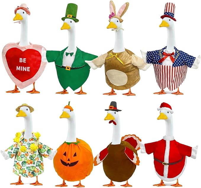 8 Set Holiday Porch Goose Outfits Summer 4th of July Fall Halloween Christmas Valentine's Day St. Patrick Easter All Seasons Theme Goose Costume for 23" Goose Patio Yard Decor