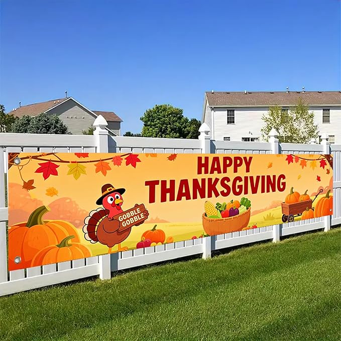 BlissYard Happy Thanksgiving Banner Autumn Pumpkin Outdoor Decoration Thanksgiving Turkey Yard Lawn Porch Hanging Decor 118 x 20 inchs Happy Fall Garden Fence Banner