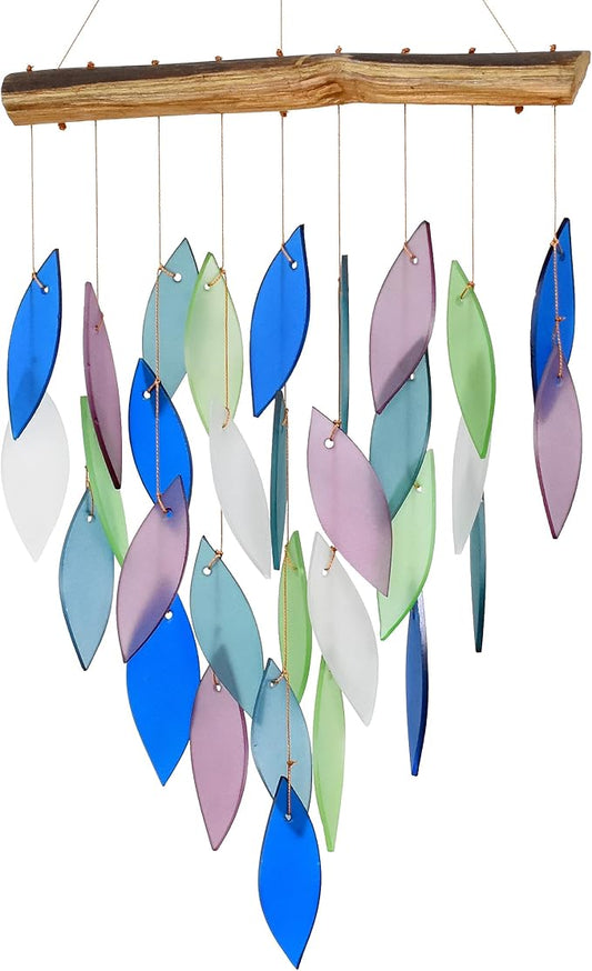 Blue Handworks Mountain Ridge Waterfall & Driftwood Chime, Sandblasted Glass and Found Wood Handcrafted Wind Chime