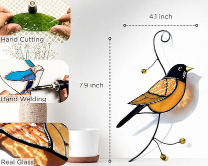 American Robin Stained Glass Window Hanging - Handmade Real Glass Robin Bird Suncatcher for Women, Mom, Grandma - Elegant Gifts Box Home Decor (H7.9xW4.1 Inch)