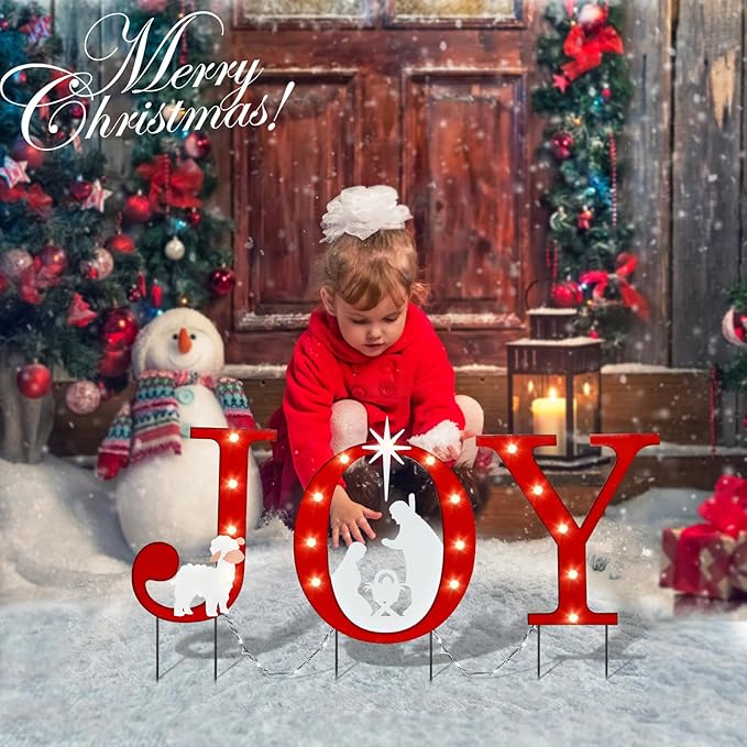 WONDER GARDEN Outdoor Christmas Decorations, 3 PCS Metal Christmas Yard Signs, Joy with Nativity Sets Outdoor and Led Light Xmas Yard Stake for Lawn Religious Scenes Yard Decor