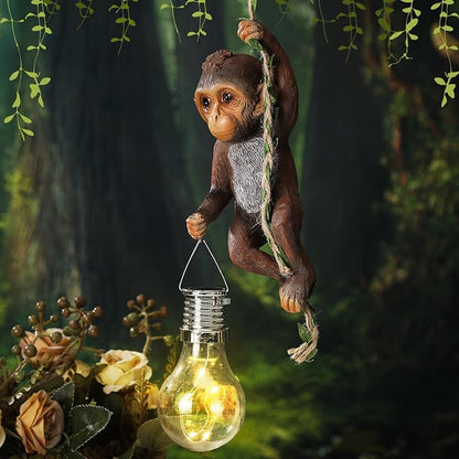 Solar Powered Outdoor Monkey Statue Gift 7.48''H Resin Waterproof Solar Monkey Hanging Figurine Lantern Chimpanzee Baby Monkeys Climbing 19.68" Vine with Hook for Yard Garden Wall Tree Decoration Gift
