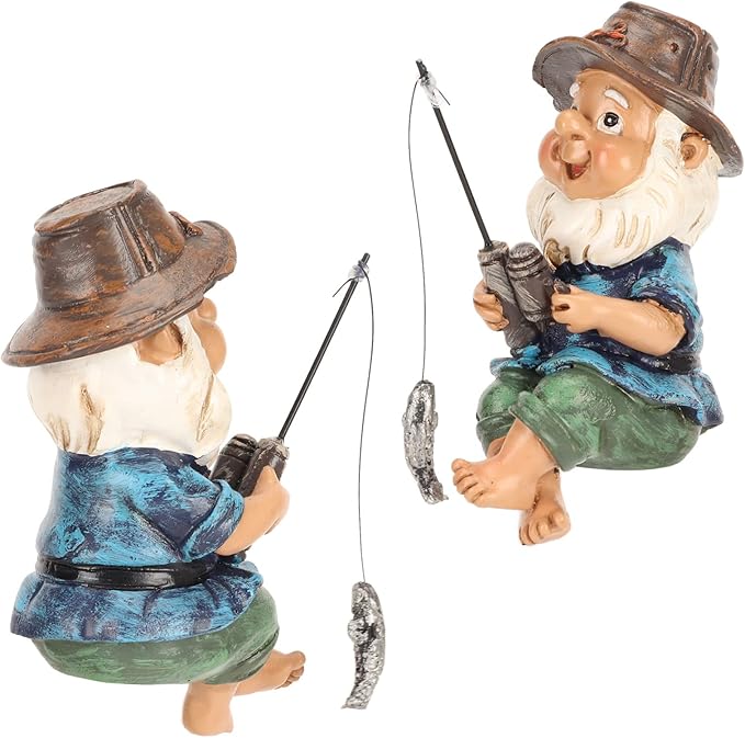 Fishing Gnome Statue for Garden Outdoor, Whimsical Lawn Gnome Sitter Decoration with Fishing Rod, UV-Resistant Resin Patio Yard Ornament