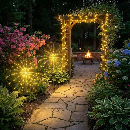 2 Pack Solar Firework Lights Outdoor, Adjustable 32" to 51" Extra Tall, Verified 200 LED Warm White Stainless Steel 3-Section Pole, 8 Modes Waterproof Starburst Garden Lights for Patio Walkway