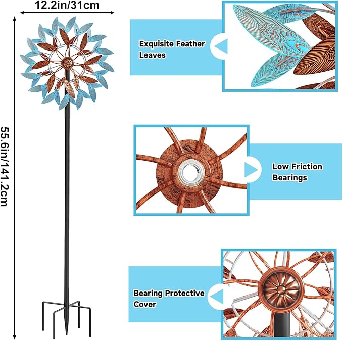 Metal Wind Spinners Outdoor, Kinetic Garden Wndmills,Yard Art Windmill with Metal Stake,Vintage Wind Sculptures & Spinners,Waterproof Pinwheels Large Wind Mill for Patio Lawn Yard Garden(Blue+Brown)