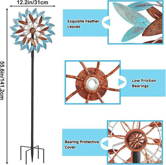 Metal Wind Spinners Outdoor, Kinetic Garden Wndmills,Yard Art Windmill with Metal Stake,Vintage Wind Sculptures & Spinners,Waterproof Pinwheels Large Wind Mill for Patio Lawn Yard Garden(Blue+Brown)
