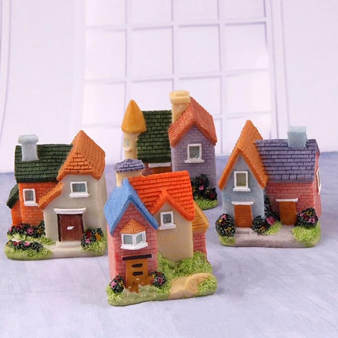 Resin Miniature House 4PCS Miniature House Fairy Gardening Micro Landscape Village Stone House Bonsai Terrarium Crafts Ornaments Accessories Home Decoration (B)