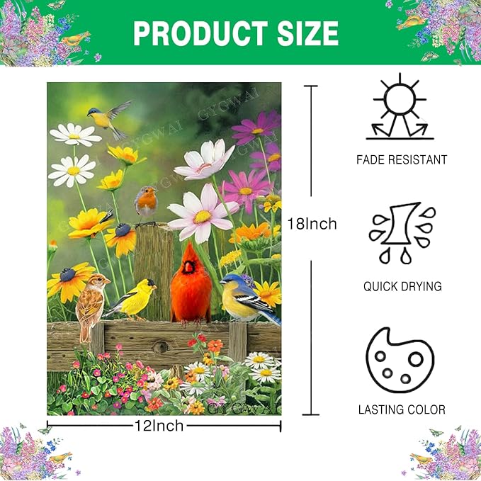 Spring Garden Flag Cardinal Floral 12x18 Inch Double Sided, Small Burlap Garden Yard Flags for Outside Outdoor House Spring Summer Decoration