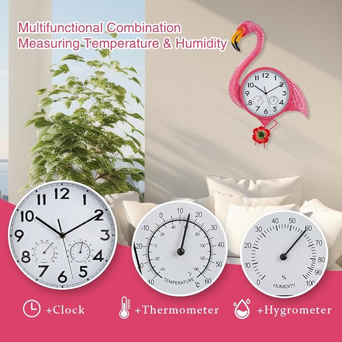 Large Outdoor Clock with Thermometer & Humidity - Silent Non-Ticking, Flamingo Outdoor Wall Clock for Patio, Garden, Kitchen, Living Room(Pink)