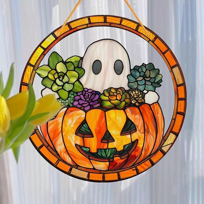 Halloween Pumpkin Ghost Acrylic Garden Cute Fall Suncatcher Decor Colorfu Glass for Wall Home, Garden, Housewarming Women Neighbor Thanksgiving Party Decor Gifts7.87inch