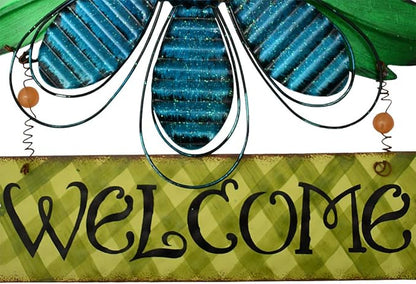 Metal Welcome Sign Daisy Hanging Signs for Front Door - Indoor Outdoor Door Decor Wall Art Flower Decoration Decorative Ornament Wreath for Home Garden Patio (Blue)