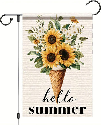 Hello Summer Garden Flag Sunflower Ice Cream Floral Outdoor Yard Porch Lawn Garden Decor for Rustic Farmhouse Cottage Patio Seasonal Summer Home Display