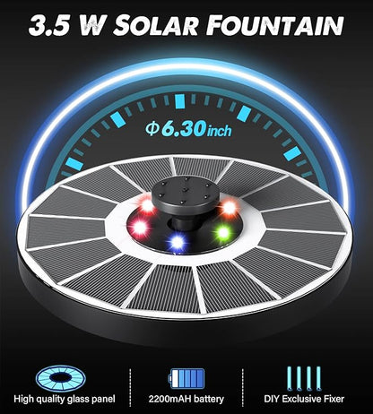 Yzert Solar Fountain Glass Panel with 2200 mah Battery, 3.5W Floating Solar Water Fountain with 4 Fixed Rods, Solar Pump for Bird Bath, Garden, Pond, Pool, Outdoor (White Panel Colorful Lights)