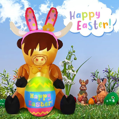 5ft Easter Inflatables Outdoor Decoration Blow up Highland Cow Yard Decor with Built in Light Inflatable Bunny Ears with Egg Weatherproof for Outdoor Holiday Party Yard Garden Lawn