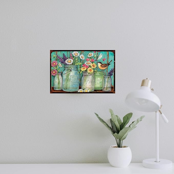 Korrazi Flowers-Sign Metal-Poster Wall-Art Bird-Décor, Colorful Rustic Style Flowers Jars, Yard Garage Farm Outside Garden Plaque Outdoor for Home Fence 8 X 12 Inch